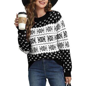 Women Ugly Christmas Black#3 Sweater Reindeer Snowflake Knit Pullover Crew Neck
